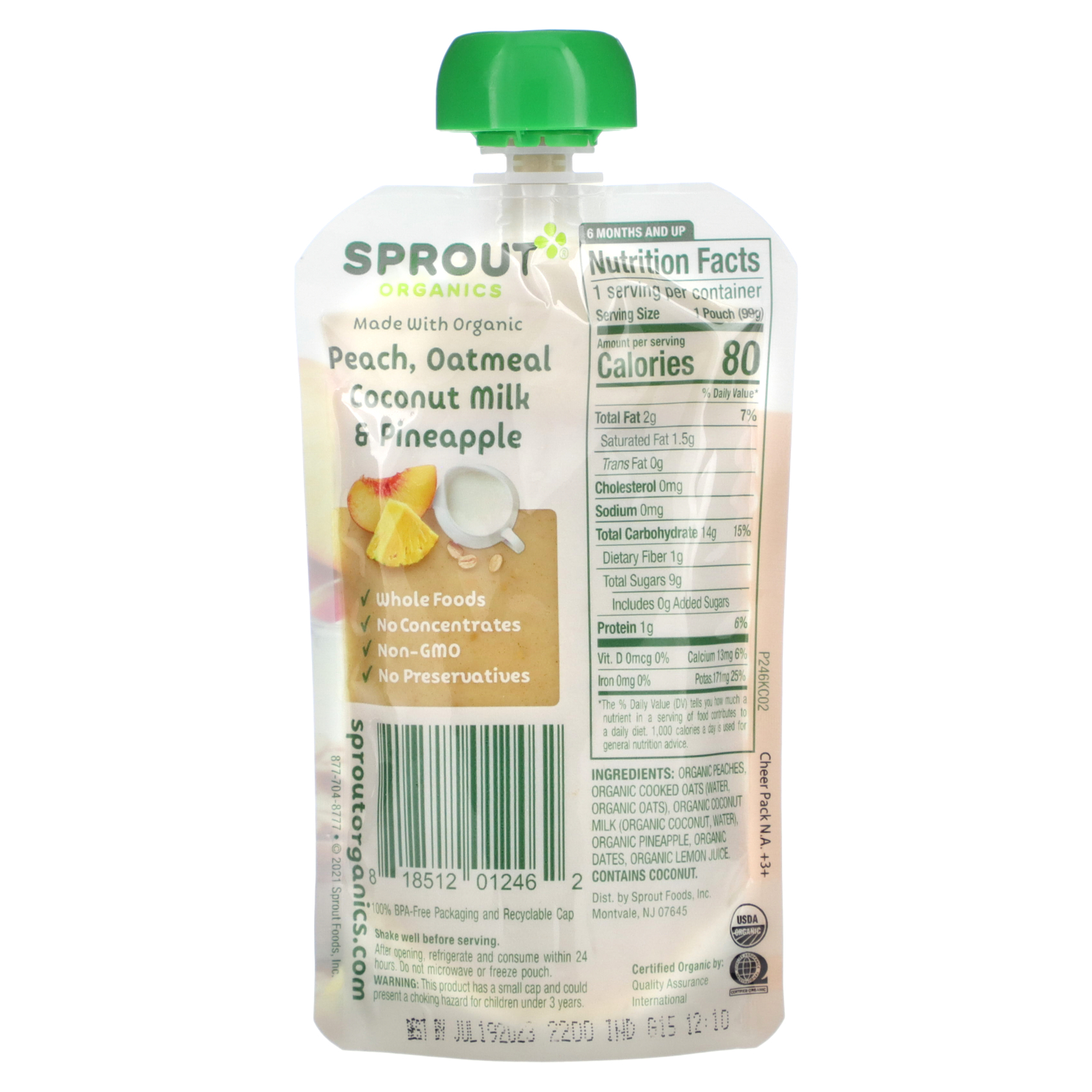 Sprout Organics, Детское питание, от 6 месяцев, персик, овсянка, кокосовое  молоко и ананас, 99 г (3,5 унции)